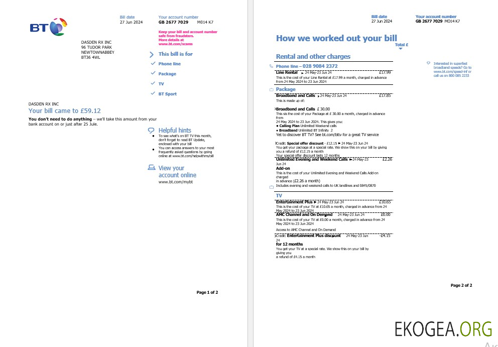 Modèle de facture de services publics du Royaume Uni BT aux formats Word et PDF, 2 pages